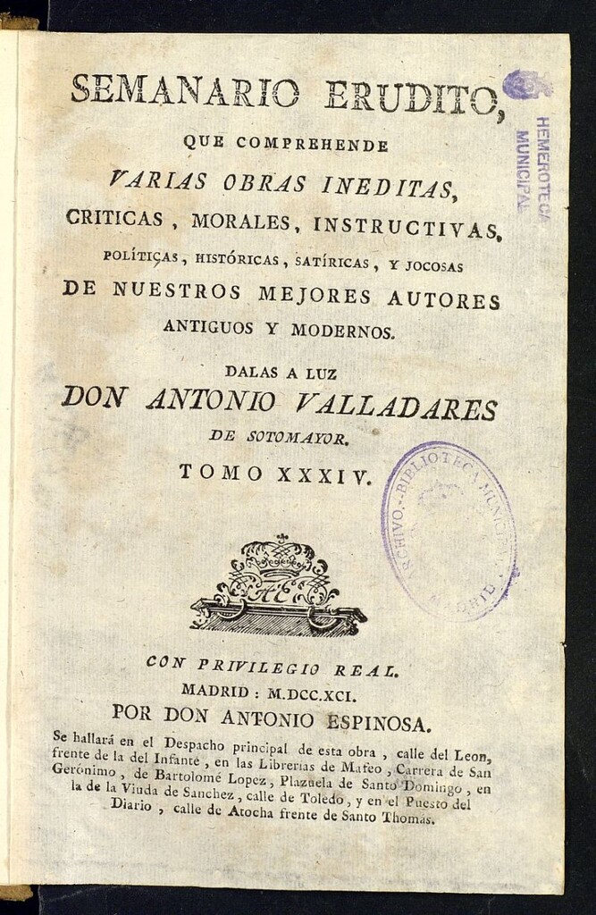 Miniatura de Semanario Erudito  1791, Tomo XXXIV
