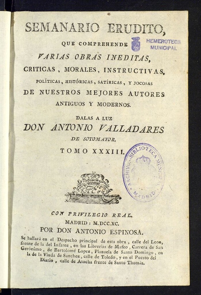 Miniatura de Semanario Erudito  1790. Tomo XXXIII.