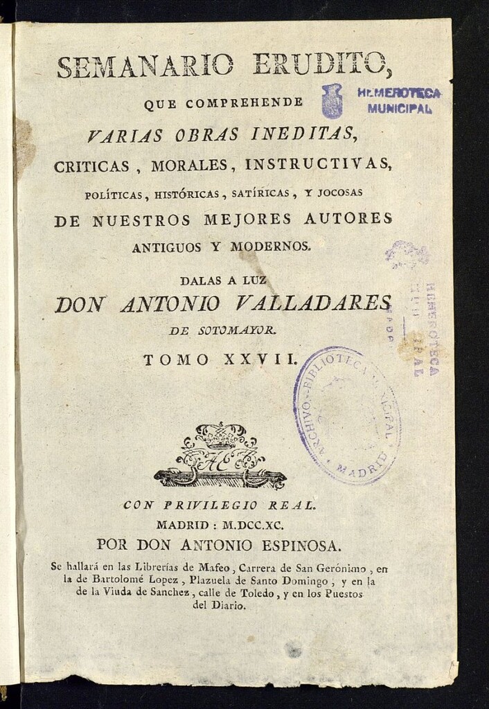 Miniatura de Semanario Erudito  1790, Tomo XXVII