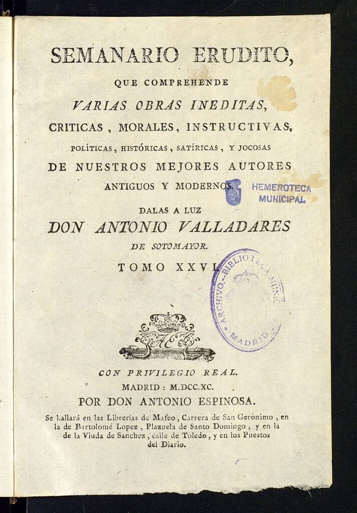 Miniatura de Semanario Erudito  1790, Tomo XXVI