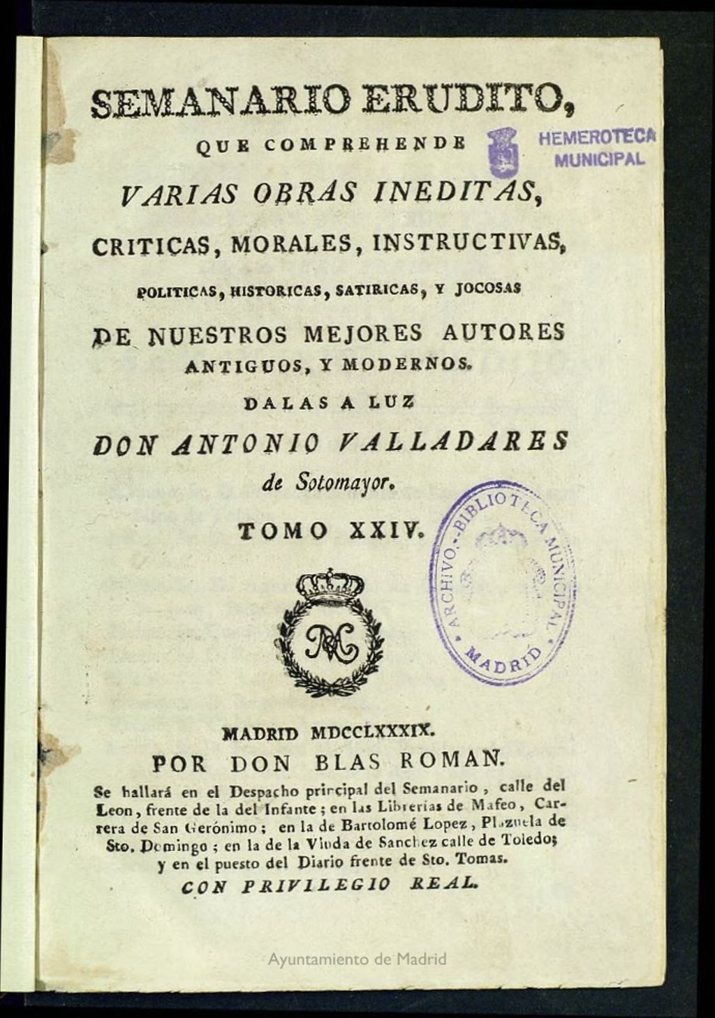 Miniatura de Semanario Erudito  1789. Tomo XXIV.