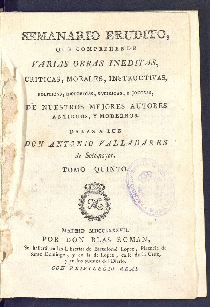 Miniatura de Semanario Erudito 1787, Tomo V.