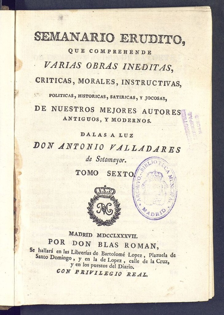 Miniatura de Semanario Erudito 1787. Tomo VI.