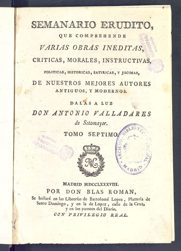 Miniatura de Semanario Erudito 1788, Tomo VII.
