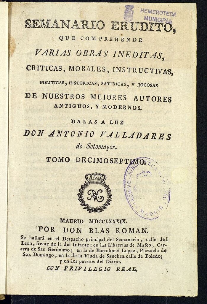 Miniatura de Semanario Erudito 1789, Tomo XVII