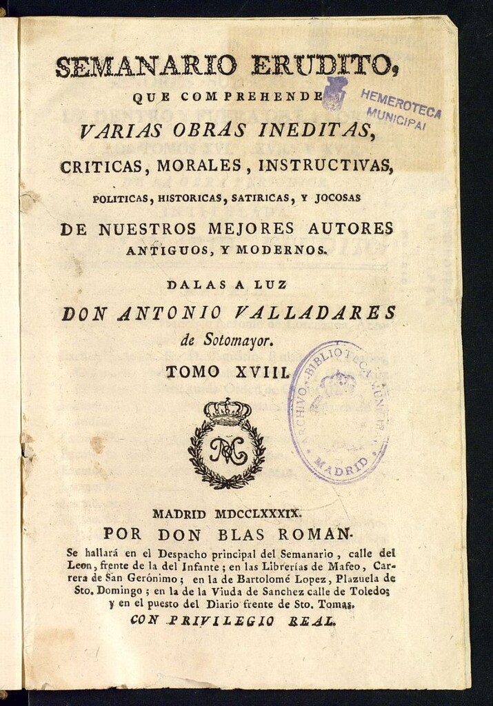 Miniatura de Semanario Erudito 1789, Tomo XVIII