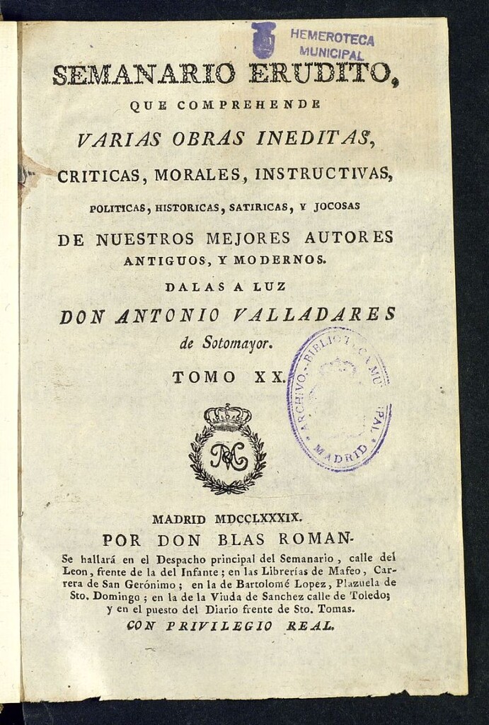 Miniatura de Semanario Erudito 1789, Tomo XX