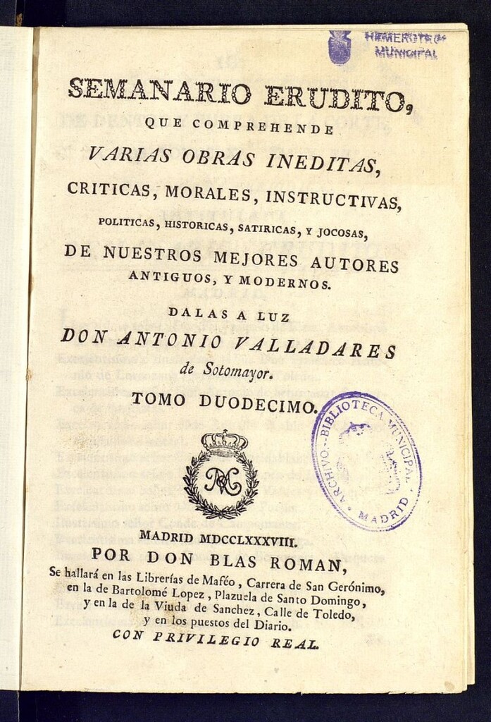 Miniatura de Semanario Erudito 1788. Tomo XII.