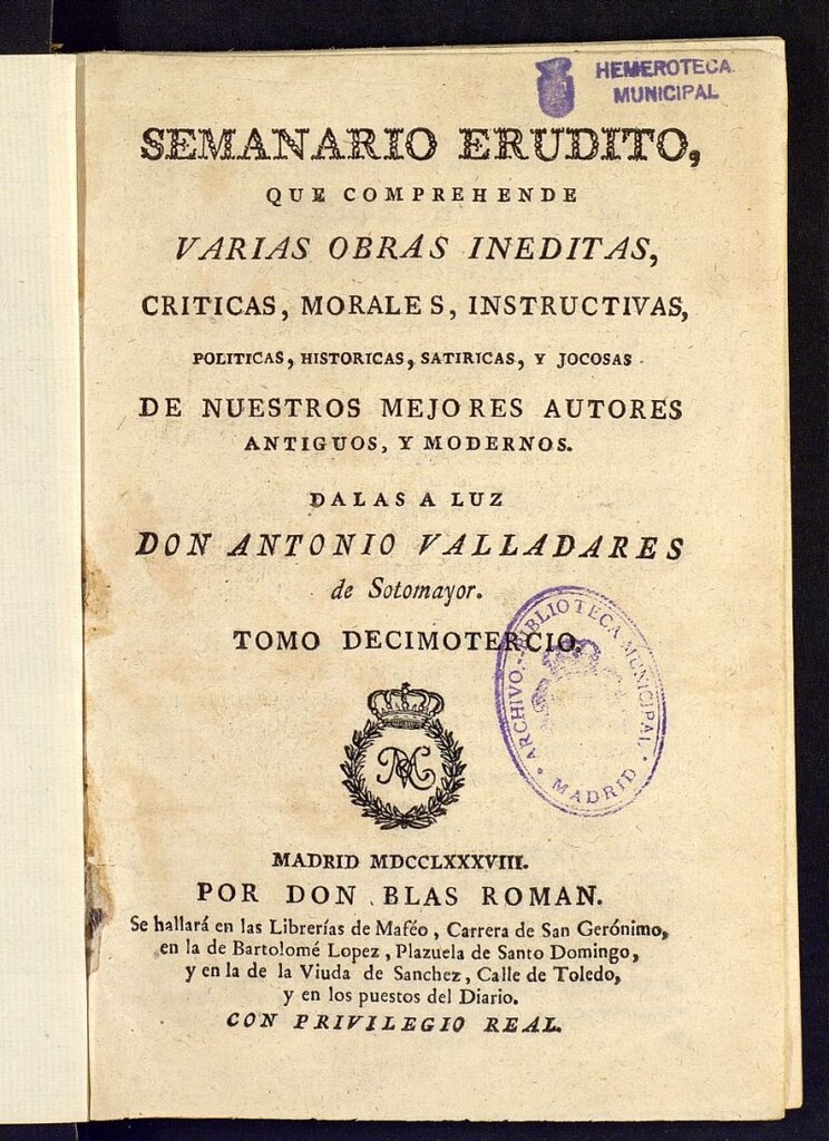 Miniatura de Semanario Erudito 1788. Tomo XIII