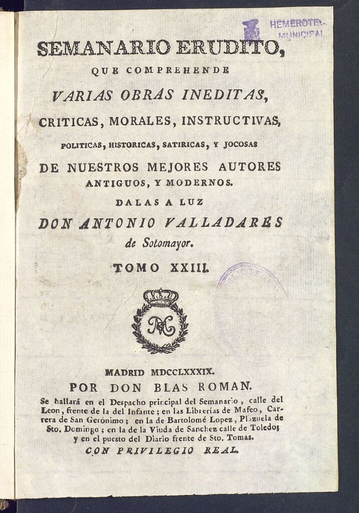 Miniatura de Semanario Erudito 1789. Tomo XXIII