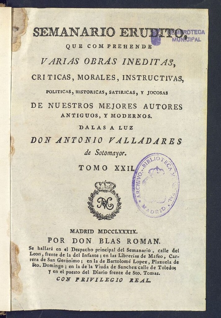 Miniatura de Semanario Erudito 1789. Tomo XXII