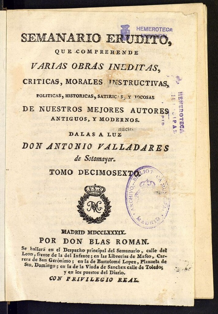 Miniatura de Semanario Erudito 1789. Tomo XVI