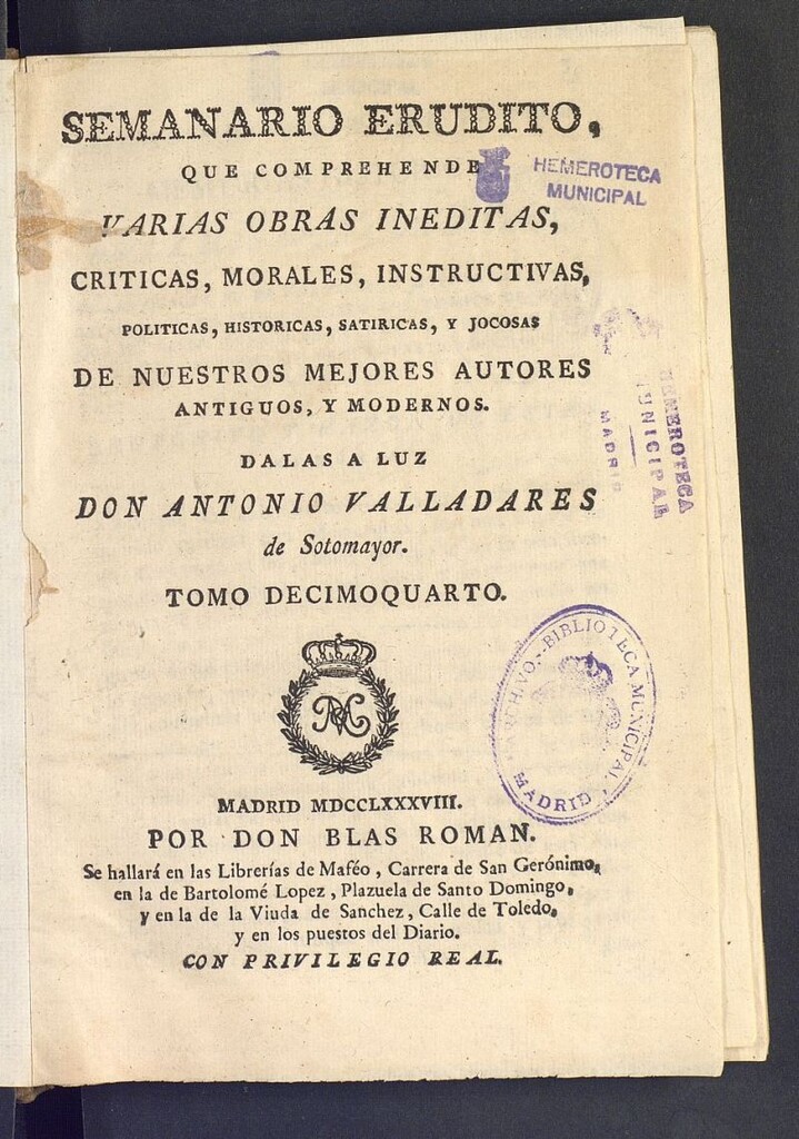 Miniatura de Semanario Erudito 1788. Tomo XIV.