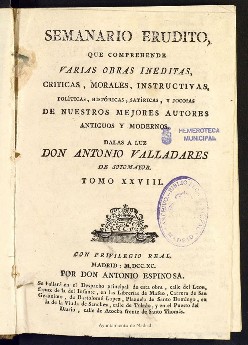 Miniatura de Semanario Erudito 1790. Tomo XXVIII