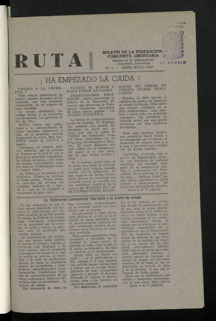 Miniatura de Ruta : Boletín de la Federación Comunista Libertaria  de abril -mayo de 1956, nº 2