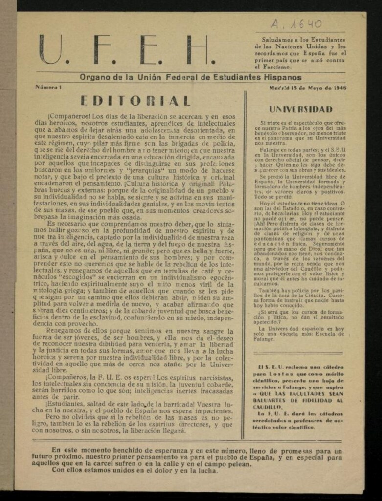 Miniatura de U.F.E.H : Órgano de la Unión Federal de Estudiantes Hispanos del 15 de mayo de 1946, nº 1.