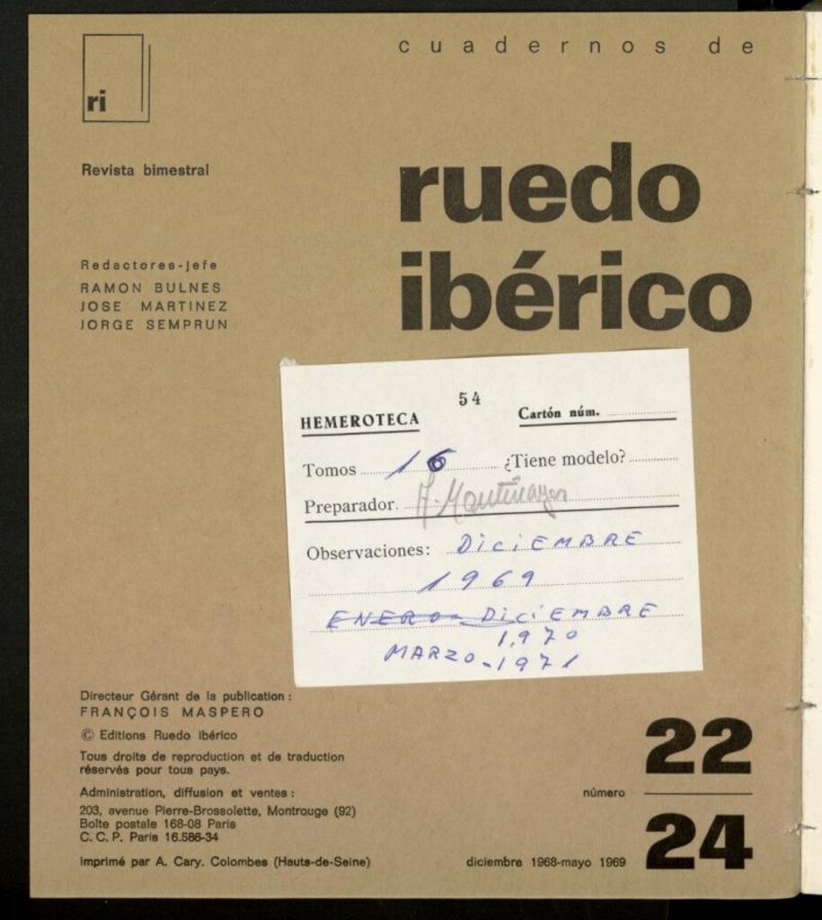 Miniatura de Cuadernos de Ruedo Ibérico de diciembre de 1968-mayo de 1969, nº 22-24