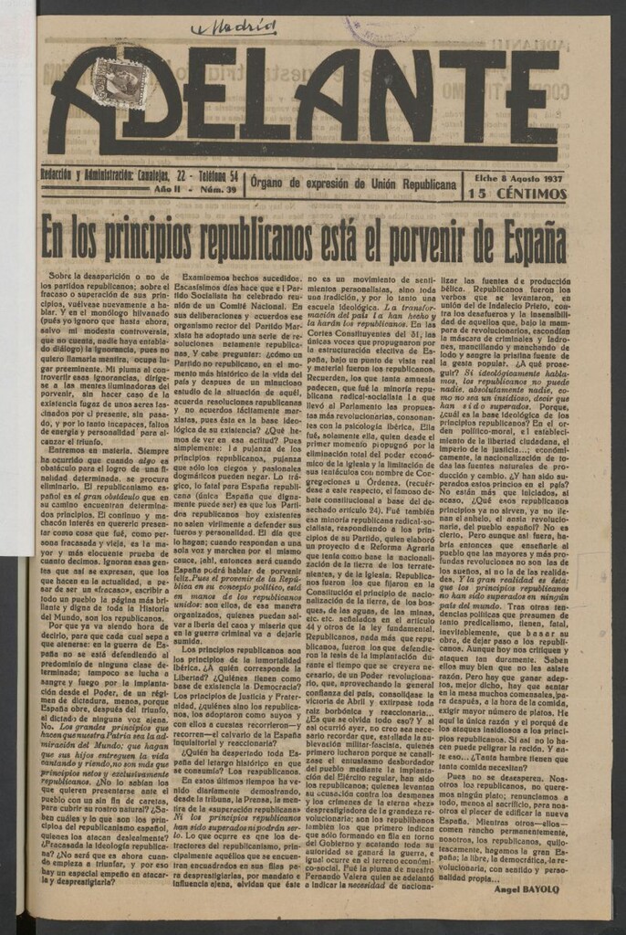 Miniatura de ¡Adelante! : órgano de expresión de Unión Republicana: portavoz del Partido y Juventud de Unión Republicana