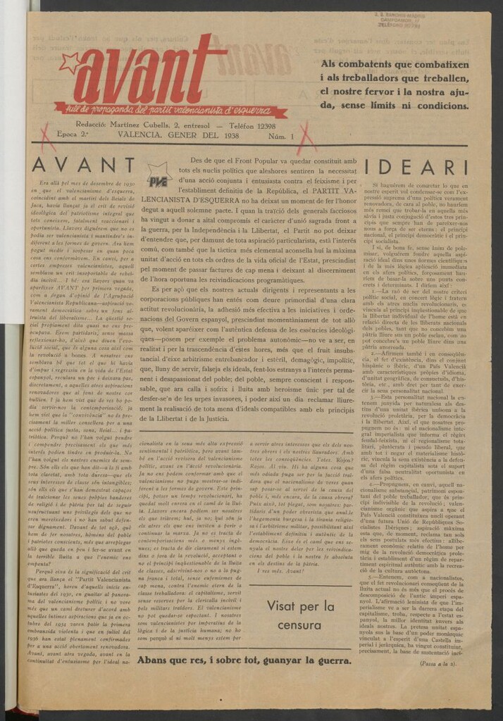 Miniatura de Avant : Full de propaganda del Partit Valencianista d´Esquerra