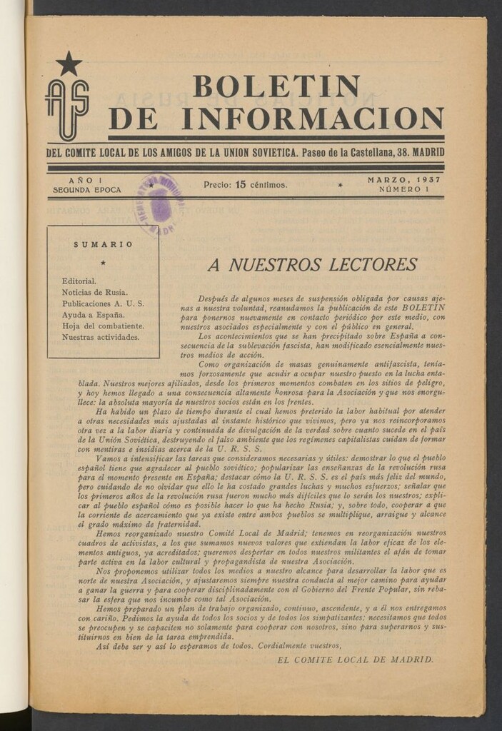 Miniatura de Boletín de Información del Comité Local de los Amigos de la Unión Soviética