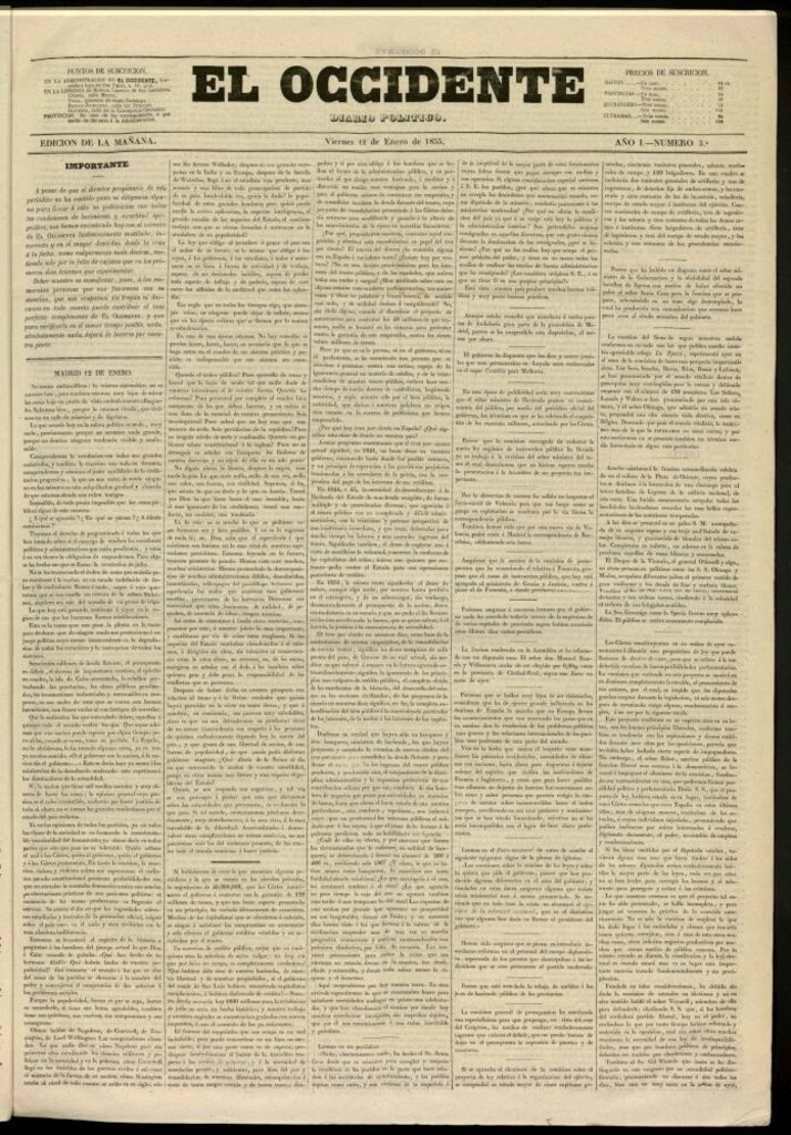 Miniatura de El Occidente: diario político del 12 de enero de 1855, nº 3