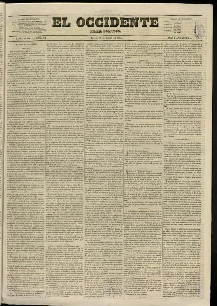Miniatura de El Occidente: diario político del 25 de enero de 1855, nº 14