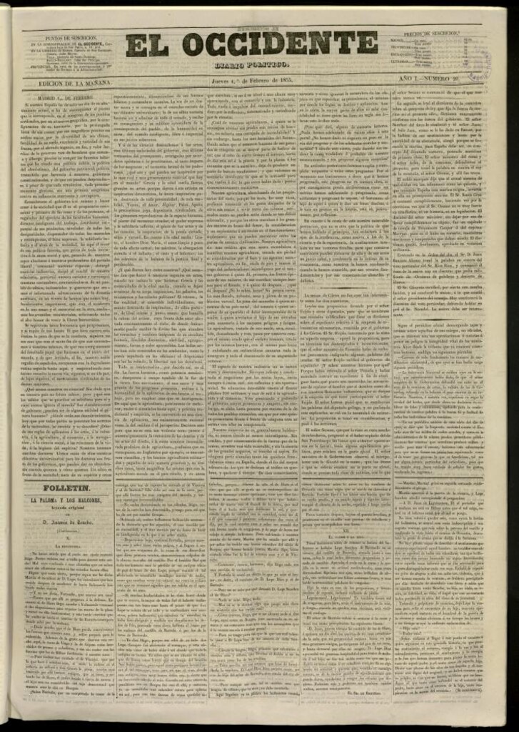 Miniatura de El Occidente: diario político del 1 de febrero de 1855, nº 20