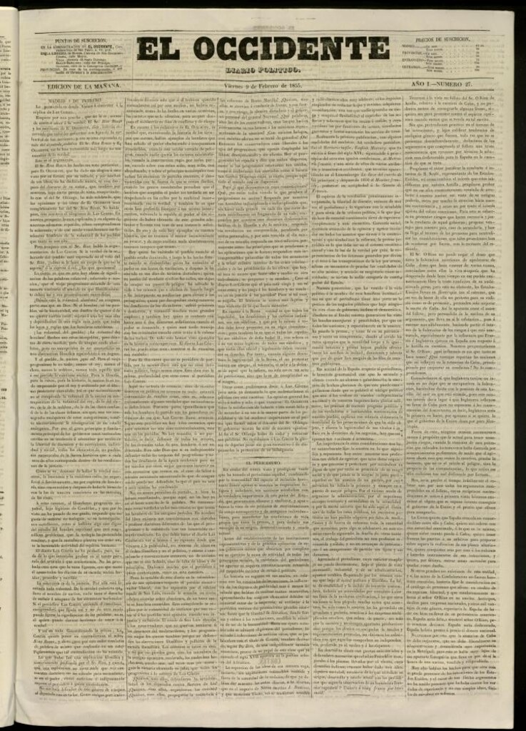 Miniatura de El Occidente: diario político del 9 de febrero de 1855, nº 27