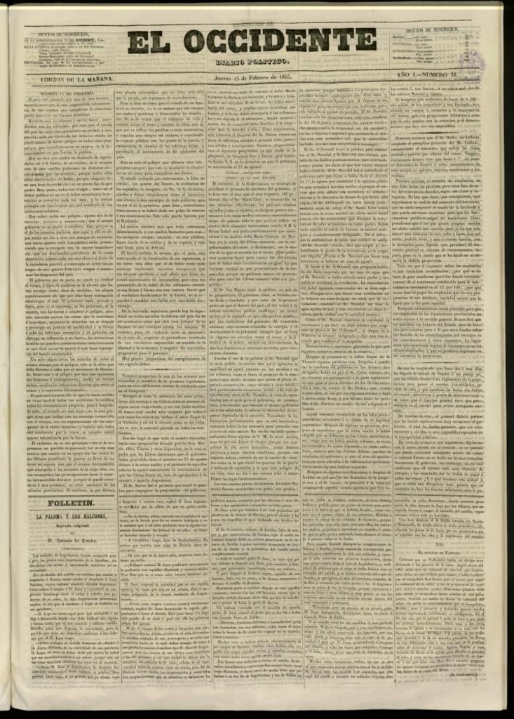 Miniatura de El Occidente: diario político del 15 de febrero de 1855, nº 32