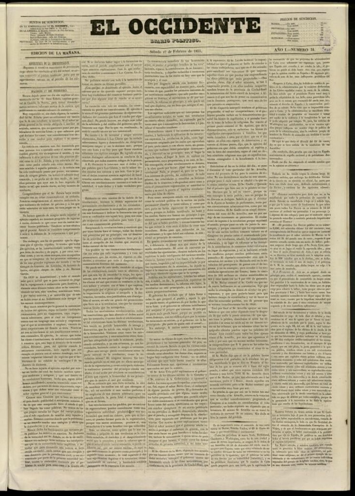Miniatura de El Occidente: diario político del 17 de febrero de 1855, nº 34