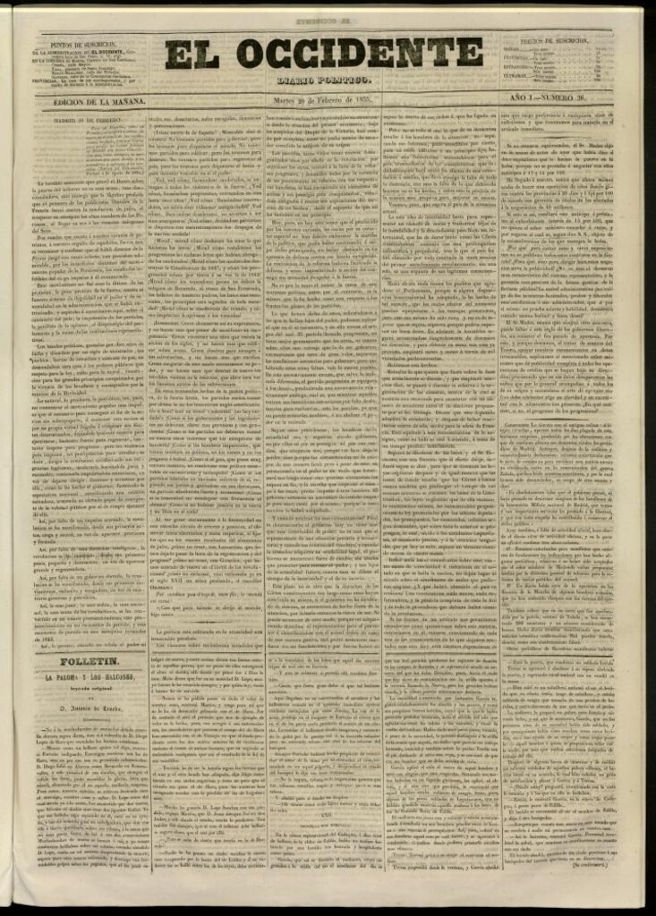 Miniatura de El Occidente: diario político del 20 de febrero de 1855, nº 36