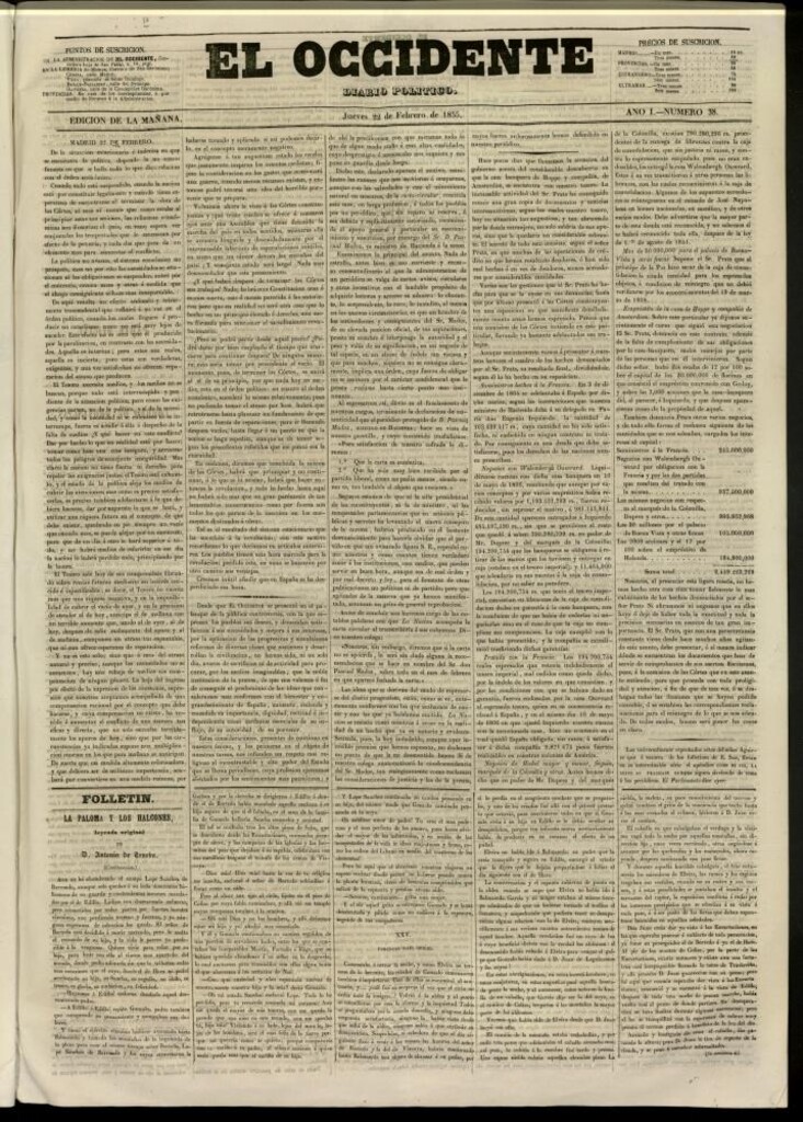 Miniatura de El Occidente: diario político del 22 de febrero de 1855, nº 38