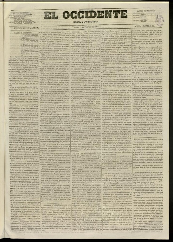 Miniatura de El Occidente: diario político del 23 de febrero de 1855, nº 39
