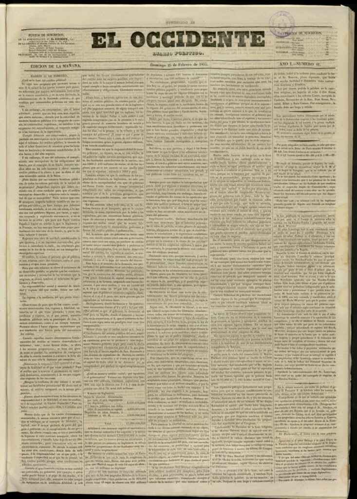 Miniatura de El Occidente: diario político del 25 de febrero de 1855, nº 41