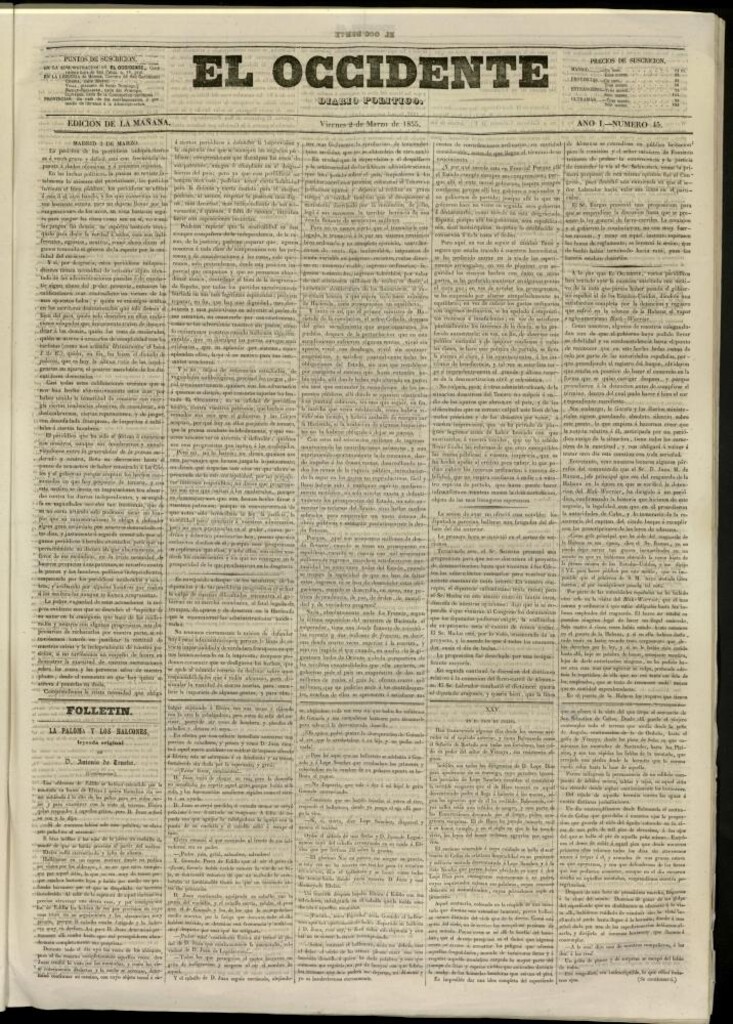 Miniatura de El Occidente: diario político del 2 de marzo de 1855, nº 45