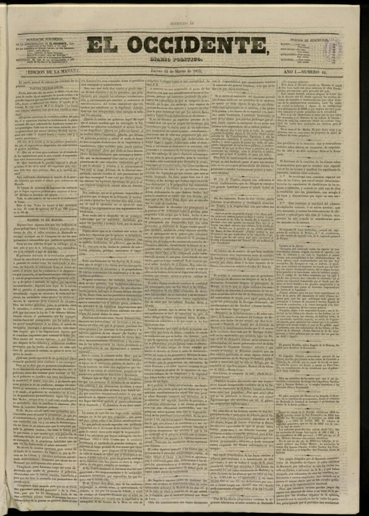Miniatura de El Occidente: diario político del 22 de marzo de 1855, nº 62