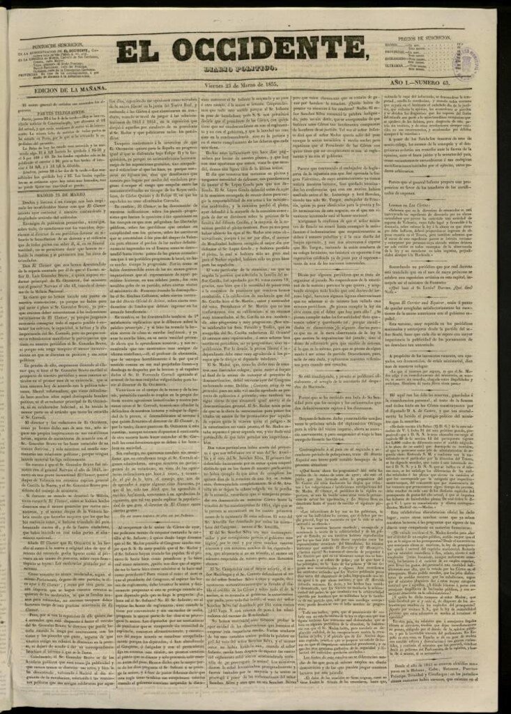 Miniatura de El Occidente: diario político del 23 de marzo de 1855, nº 63