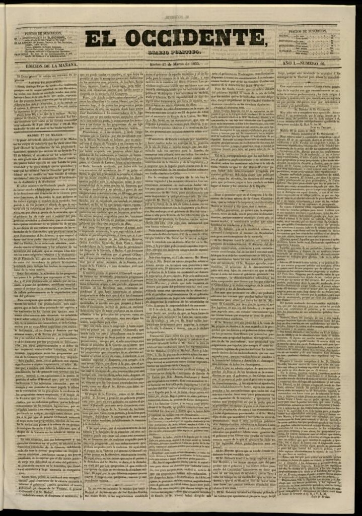 Miniatura de El Occidente: diario político del 27 de marzo de 1855, nº 66