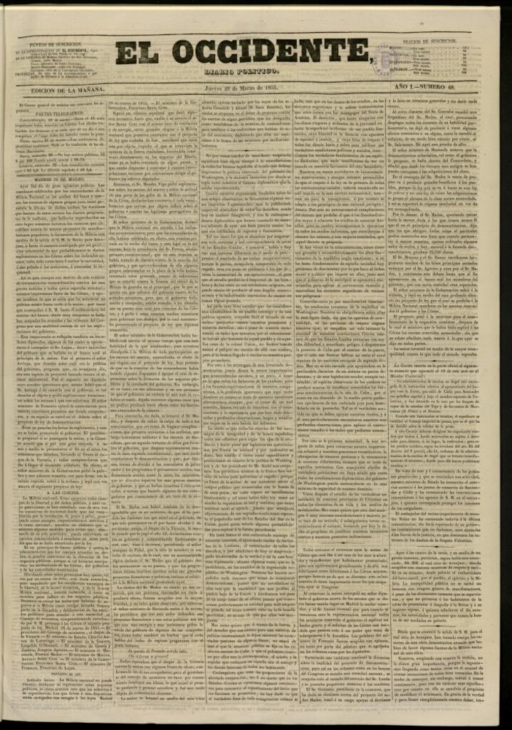 Miniatura de El Occidente: diario político del 29 de marzo de 1855, nº 68