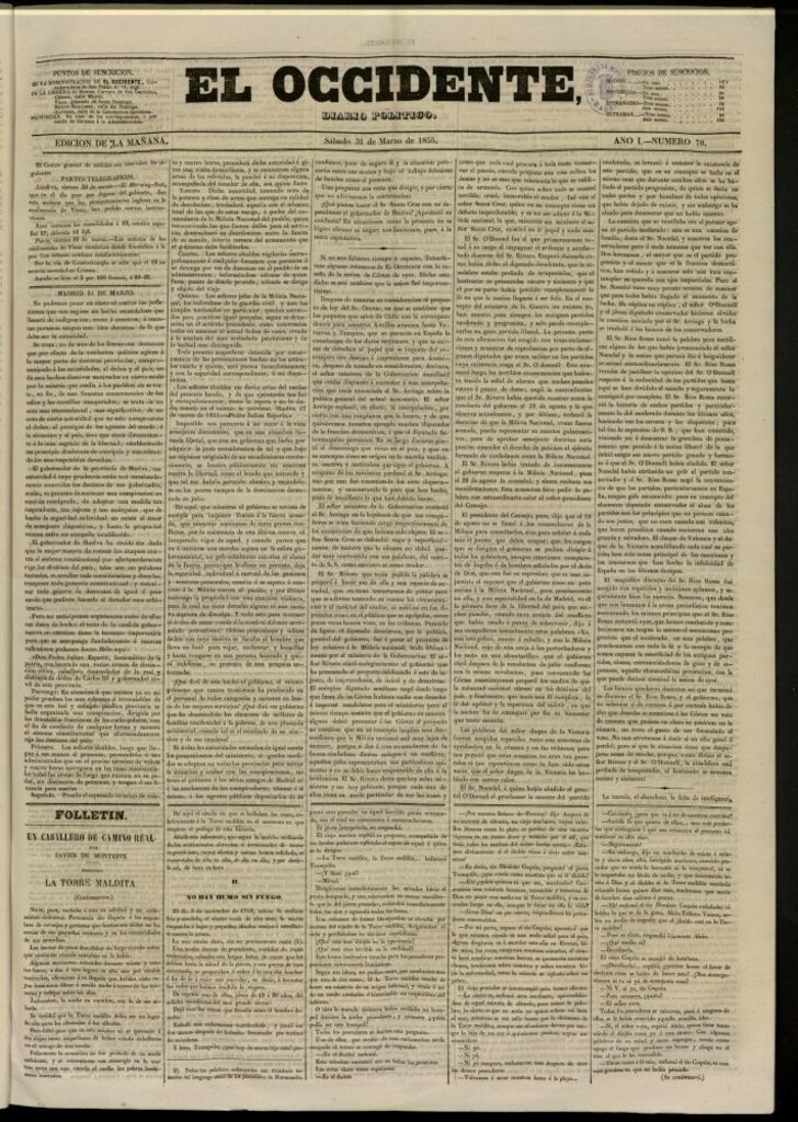 Miniatura de El Occidente: diario político del 31 de marzo de 1855, nº 70