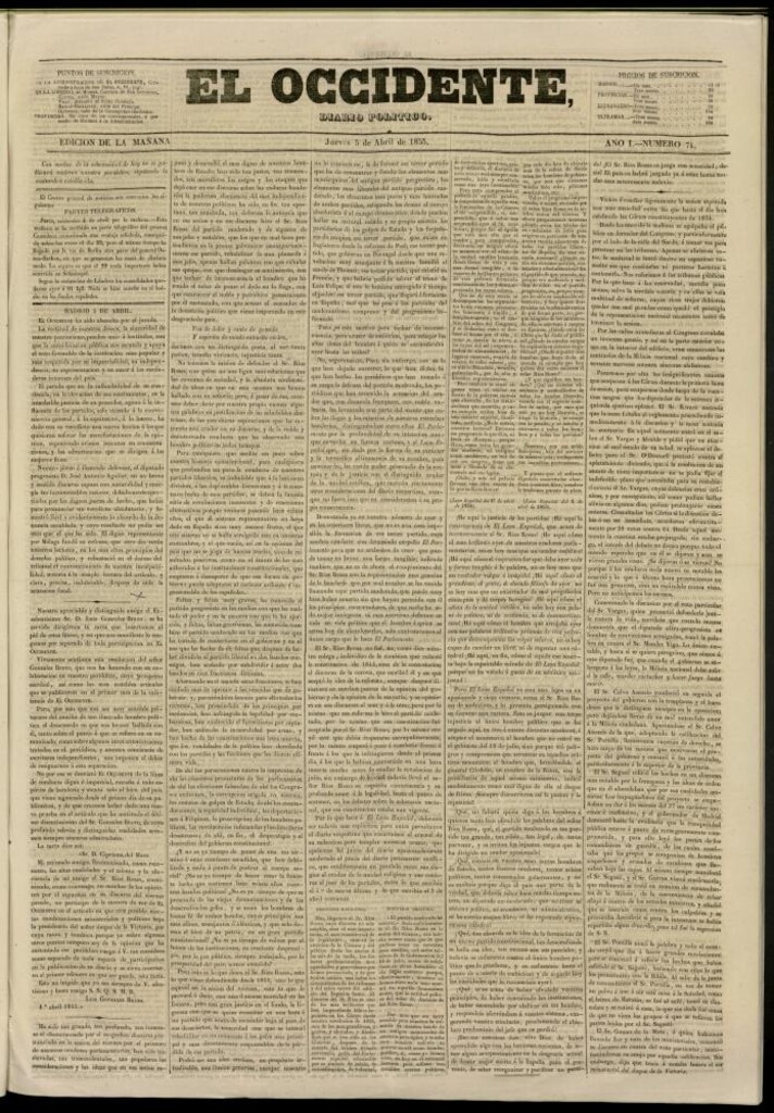 Miniatura de El Occidente: diario político del 5 de abril de 1855, nº 74