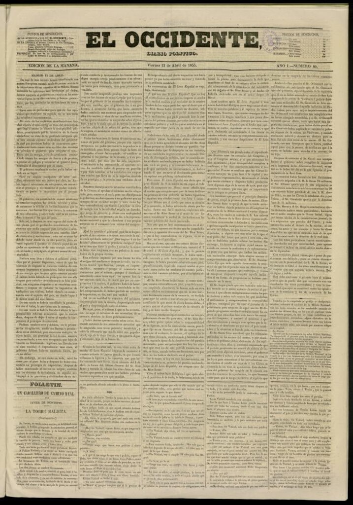 Miniatura de El Occidente: diario político del 13 de abril de 1855, nº 80