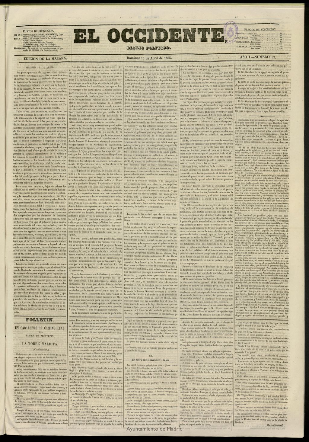 Miniatura de El Occidente: diario político del 15 de abril de 1855, nº 82