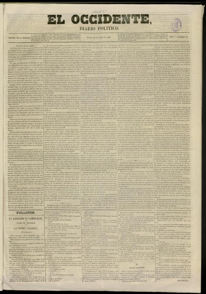 Miniatura de El Occidente: diario político del 20 de abril de 1855, nº 86
