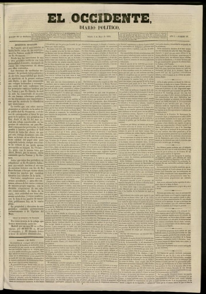 Miniatura de El Occidente: diario político del 5 de mayo de 1855, nº 99