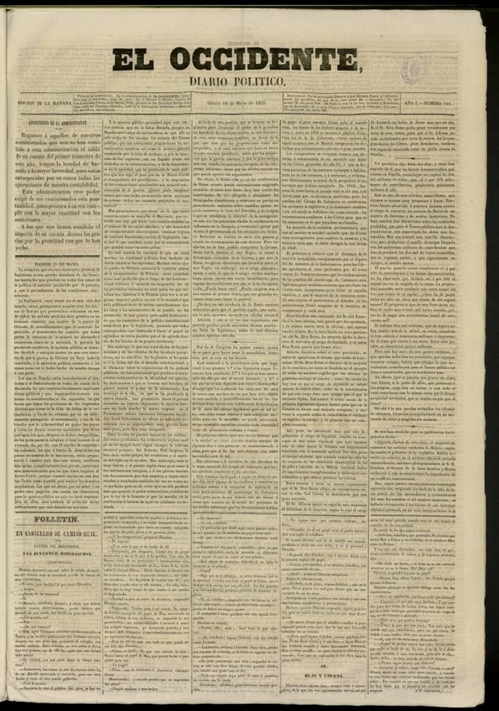 Miniatura de El Occidente: diario político del 19 de mayo de 1855, nº 111