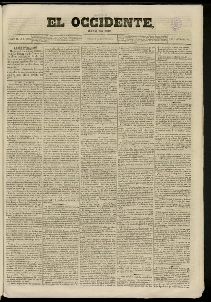 Miniatura de El Occidente: diario político del 27 de mayo de 1855, nº 118