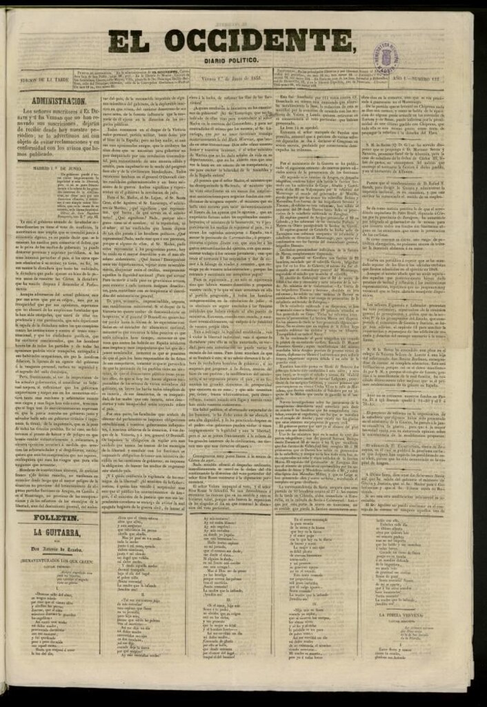 Miniatura de El Occidente: diario político del 1 de junio de 1855, nº 122