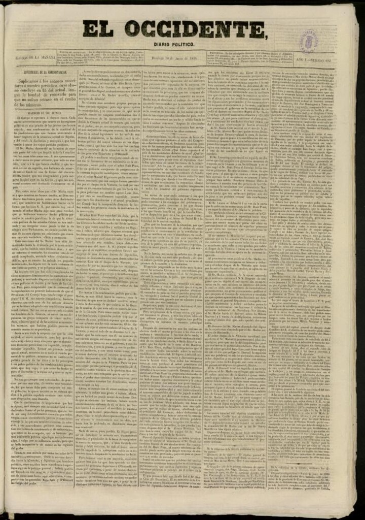 Miniatura de El Occidente: diario político del 10 de junio de 1855, nº 129