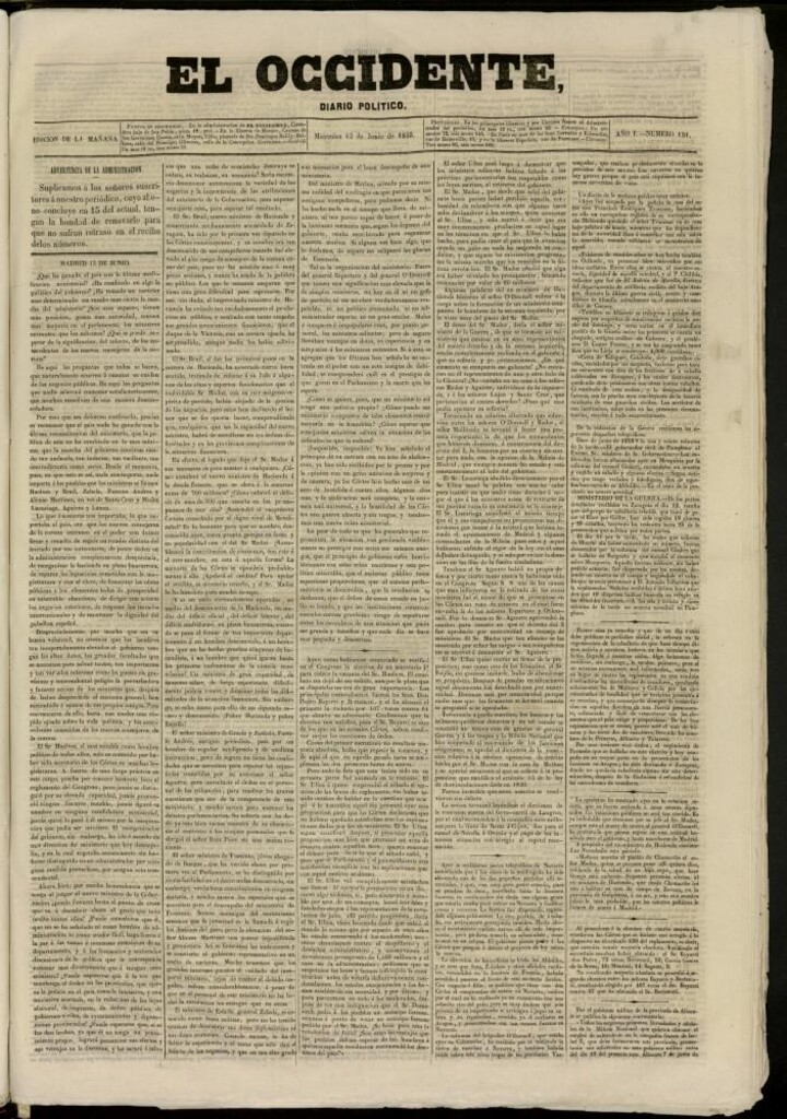 Miniatura de El Occidente: diario político del 13 de junio de 1855, nº 131